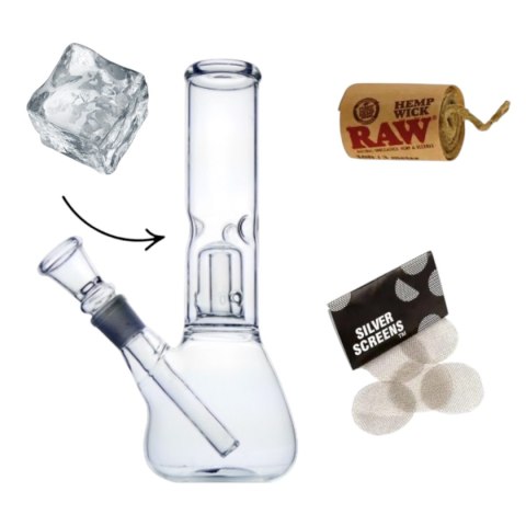 Zestaw Bongo Szklane Lodowe z Filtracją Dyfuzorem + 5x Sitka + Knot Konopny RAW Zestaw Bongo Szklane Lodowe z Filtracją Dyfuzorem + 5x Sitka + Knot Konopny RAW